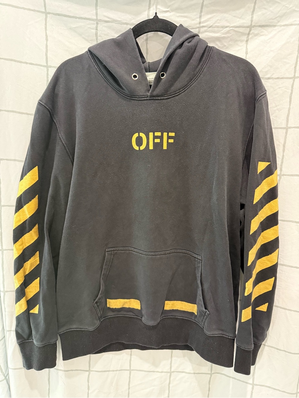 Off-White Black Hoodie with Yellow Diagonal Stripe Accents